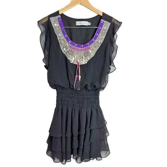 Tbags Los Angeles Mini Dress Bohemian Gypsy Black Ruffle Detailed‎ Size XS - Picture 1 of 10